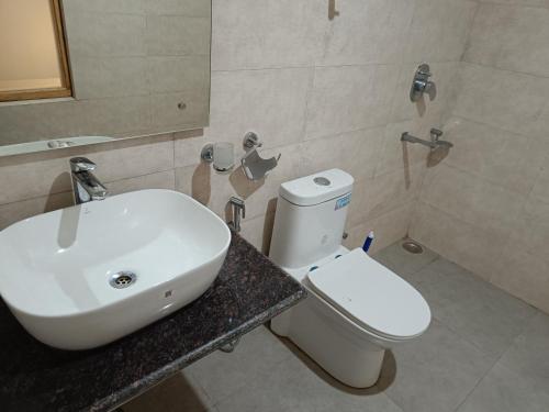 a bathroom with a white sink and a toilet at Apricuss hotel in Leh