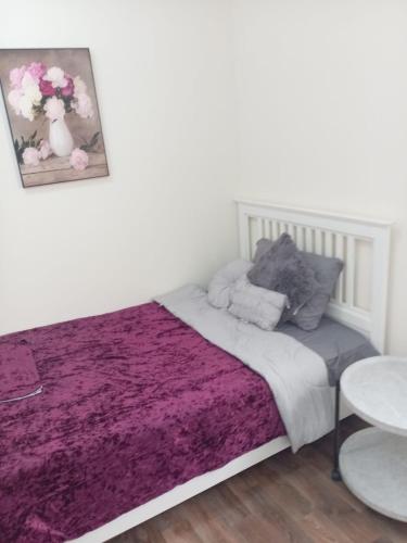 una camera con un letto e una coperta viola di غرفة دور ارضي a Sakakah