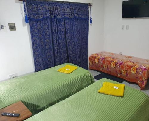 um quarto com duas camas verdes e uma televisão em Monza alojamiento. em Chajarí