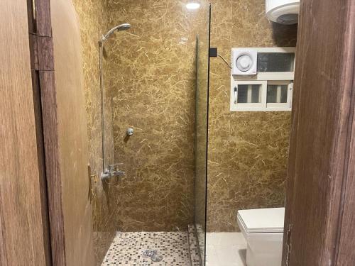 a bathroom with a shower with a toilet and a door at Dvina Hotel in Tabuk