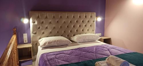 a bedroom with a large bed with purple walls at tokastro in Arachova