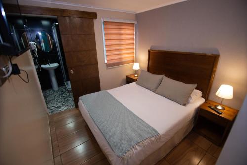 1 dormitorio con 1 cama y baño con lavamanos en Hostal Terraza Recreo, en Viña del Mar