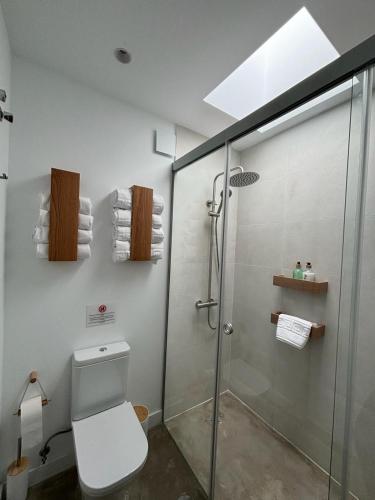 a bathroom with a shower and a toilet and a glass shower stall at Ventana del Nublo 2-I in Tejeda