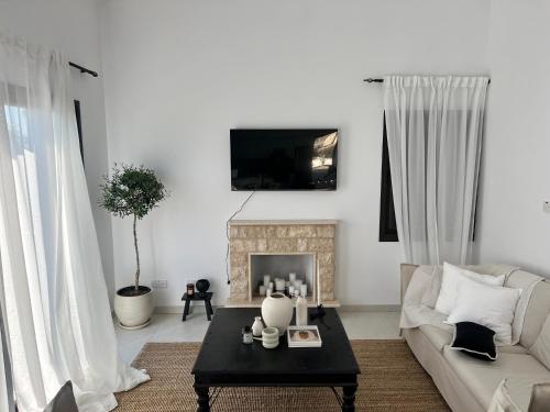 a living room with a couch and a fireplace at Zeus Holiday Home in Pissouri
