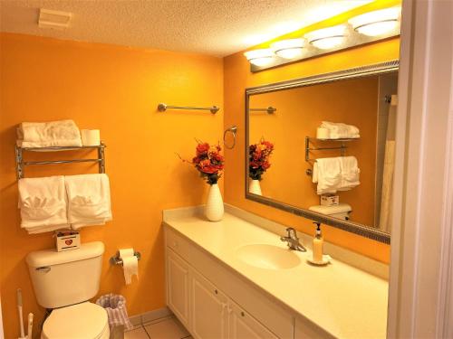 a bathroom with a sink and a toilet and a mirror at Daytona Beach Resort 260 in Daytona Beach