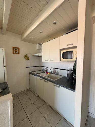 une cuisine avec un évier et un micro-ondes dans l'établissement Appartement vue sur le port de Nautica, au Barcarès