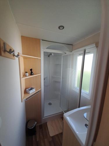 La salle de bains est pourvue d'une douche et d'un lavabo blanc. dans l'établissement La Fleur des Champs proche Europa Park, à Boofzheim