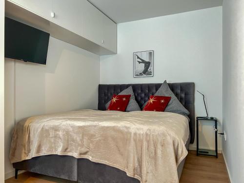 a bedroom with a bed with red pillows at Appartement House Jena in Jena