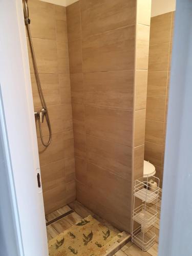 a bathroom with a shower with a toilet at Farkas Apartmanok in Balatonlelle