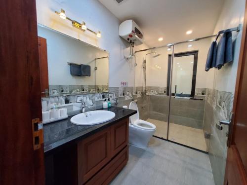 uma casa de banho com um lavatório, um WC e um chuveiro em Dodo Home 3 em Hanói