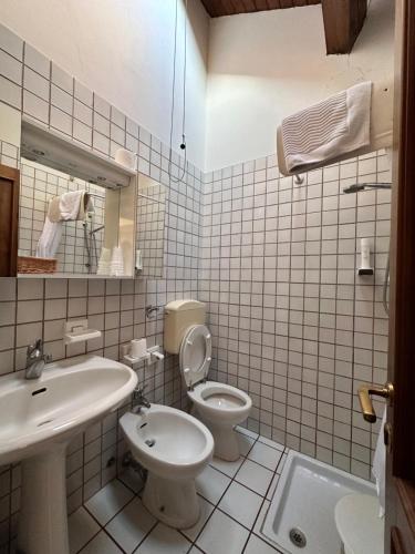a white bathroom with a toilet and a sink at Hotel Alpi - Foza in Foza