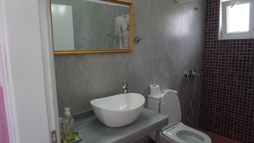 a bathroom with a sink and a toilet and a mirror at Summer scoop studio by EvaGstays in Faliraki