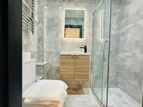 uma casa de banho com um chuveiro e um lavatório. em Kingsize Bed By sea/central em Brighton & Hove