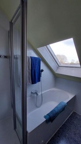 uma casa de banho com uma banheira e uma clarabóia em Ferienwohnung Begau em Alsdorf