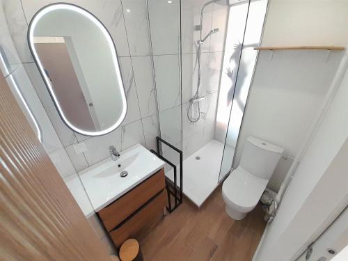 une salle de bain avec un lavabo, des toilettes et un miroir dans l'établissement Studio Village Naturiste Port Venus Sensation, au Cap d'Agde