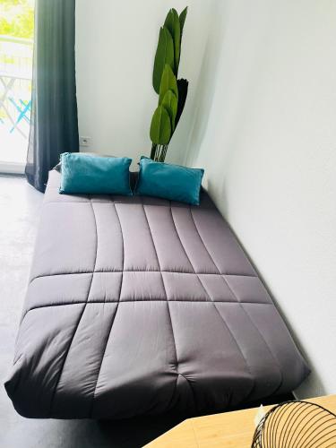 Ce lit se trouve dans un dortoir doté de 2 oreillers bleus. dans l'établissement Le Cosy Euronord •Clim•Parking •, à Bruguières