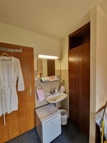 a bathroom with a sink and a mirror at Vila Nana Bled Apartments & Rooms in Bled