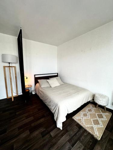 ein Schlafzimmer mit einem großen Bett und einem Teppich in der Unterkunft Appartement confort in Vanves