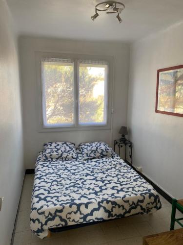 une chambre avec un lit et deux fenêtres dans l'établissement Appartement Saint Pierre 30m de la plage, à Saint Pierre La Mer