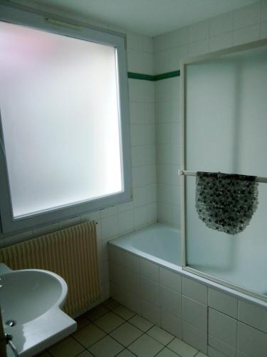 La salle de bains est pourvue d'une douche, d'une baignoire et d'un lavabo. dans l'établissement Gaulois, à Saint-Symphorien-de-Marmagne