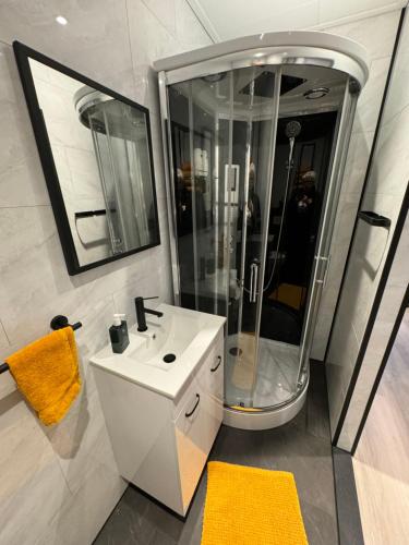Un baño con lavabo blanco y ducha. en De Gouwe Stek, en Landsmeer