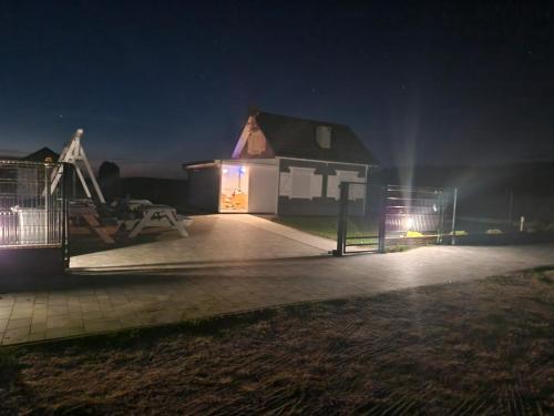 a house with lights in front of it at night at Domek Skandynawski Przykona in Przykona