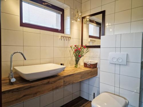 a bathroom with a sink and a toilet at Bojkowa Chata in Smerek
