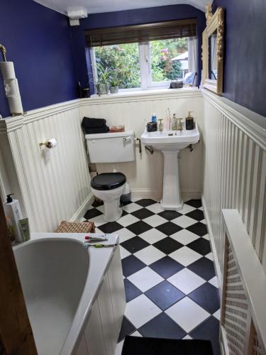 a bathroom with a black and white checkered floor at 6 Trinity grove Ella street HU5 3BB in Hull