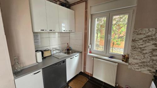 a kitchen with white cabinets and a sink and a window at Vila Sinfonia, a house with a pool in Velika Remeta