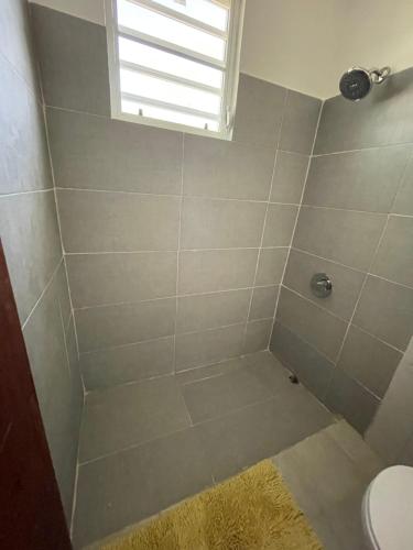 a bathroom with a shower with a toilet and a window at Las Olas studios in Arecibo