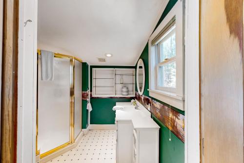 a bathroom with green walls and a sink and a shower at River Road Retreat in Chestertown