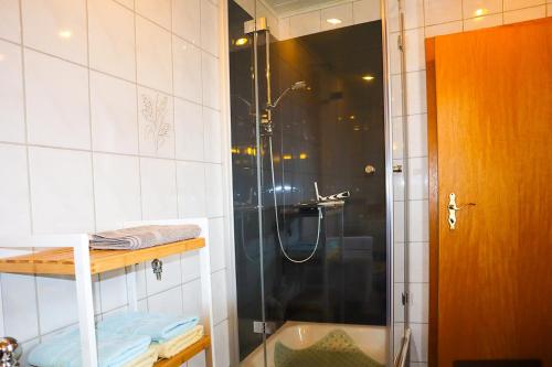 een badkamer met een douche en een glazen deur bij Ferienwohnung Andres in Drübeck