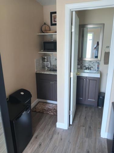 um quarto com uma cozinha com um lavatório e um espelho em Jerry Couzens em Tampa