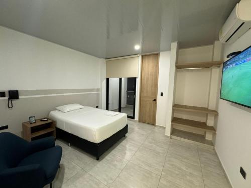 HOSTAL DEL LLANO في فيلافيسينسيو: غرفة نوم بسرير وتلفزيون بشاشة مسطحة
