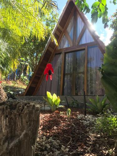 una casa con una flor roja delante de ella en Rancho lodge, 