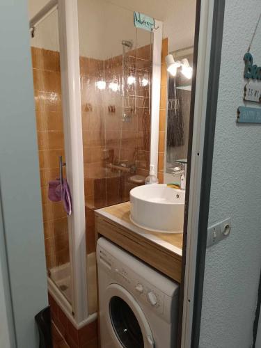 une salle de bain avec un lavabo et une machine à laver dans l'établissement appartement avec terrasse, au Cap d'Agde