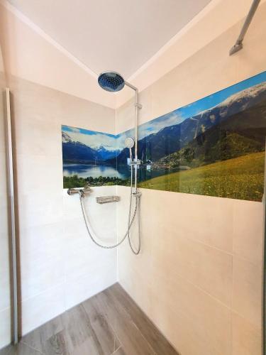 a shower in a bathroom with a painting on the wall at Alpen Chalets Zell am See in Niedernsill