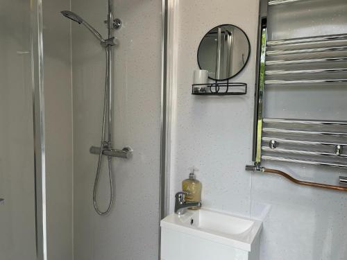 Toppesfield的住宿－Woodland Glamping Retreat，带淋浴、盥洗盆和镜子的浴室