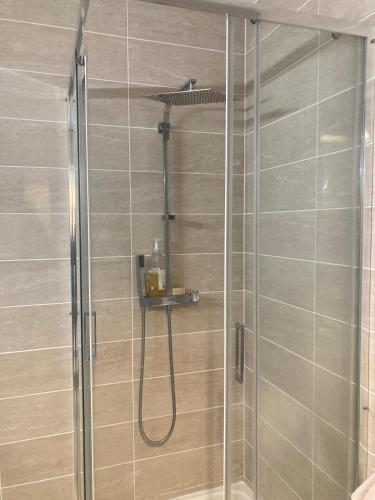 une douche avec pommeau de douche dans une salle de bain dans l'établissement Studio RDC 35m2 Plein centre, à Foix