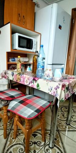 a kitchen with a table with chairs and a microwave at Four Season Apartament in Valea Adîncă