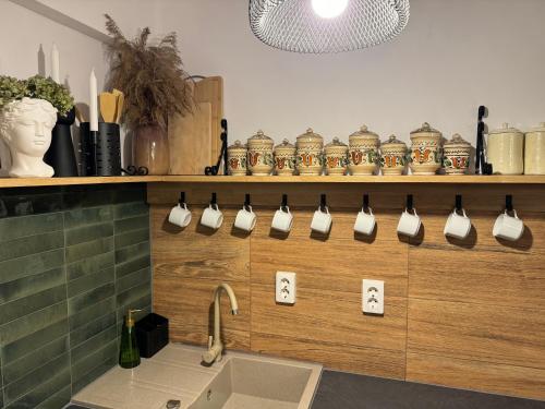 a kitchen with a sink and a shelf with cups at Casa Rustik Nyaraló in Praid