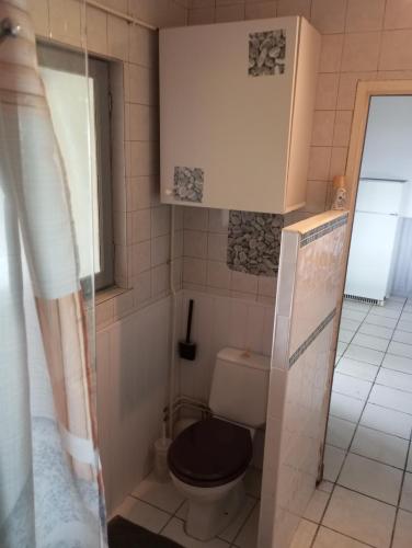 La salle de bains est pourvue de toilettes et d'un couvercle noir. dans l'établissement Appartement, à Saint-Pandelon