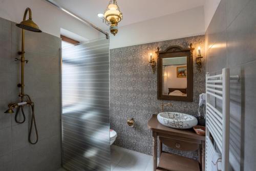 a bathroom with a sink and a shower and a mirror at Carolina House in Sighişoara