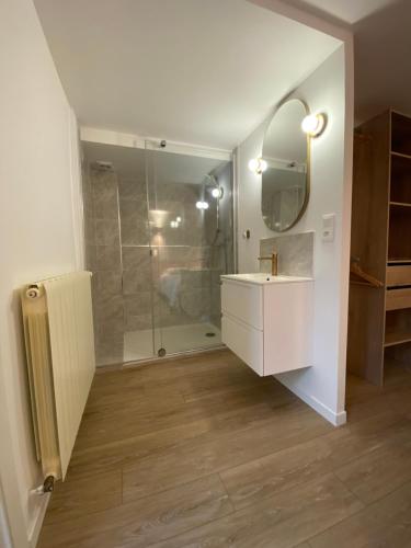 een badkamer met een douche, een wastafel en een spiegel bij Sea and Sun in Saint-Raphaël