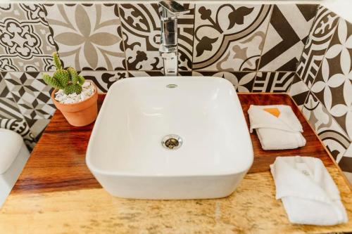 un baño con lavabo blanco y una planta en una encimera en 2 Amazing Suite King Rooms in Exclusive Boutique Hotel, en San José del Cabo