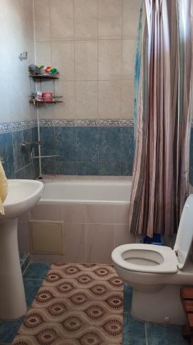 uma casa de banho com um WC, uma banheira e um lavatório. em Гостевой дом em Prigorodnoye