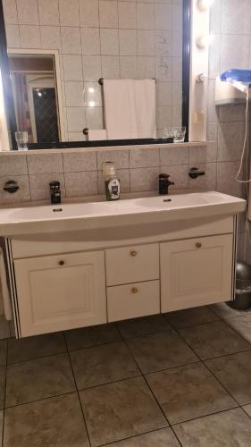 a bathroom with a white sink and a mirror at Pension Stadt Grein in Grein