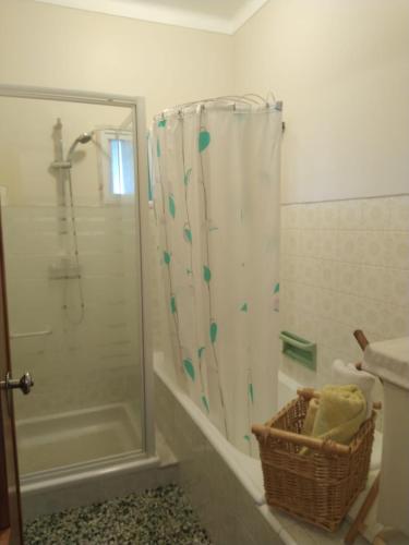 キンタ・ド・アンジョにあるCasa da Adegaのバスルーム(シャワー、シャワーカーテン付)