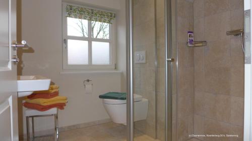 a bathroom with a shower and a toilet and a sink at Dünenrose in Spiekeroog