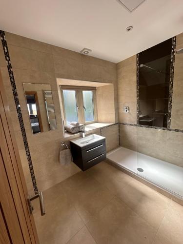 uma grande casa de banho com um lavatório e um chuveiro em The Manor Boutique Hotel Restaurant and Bar em Conwy